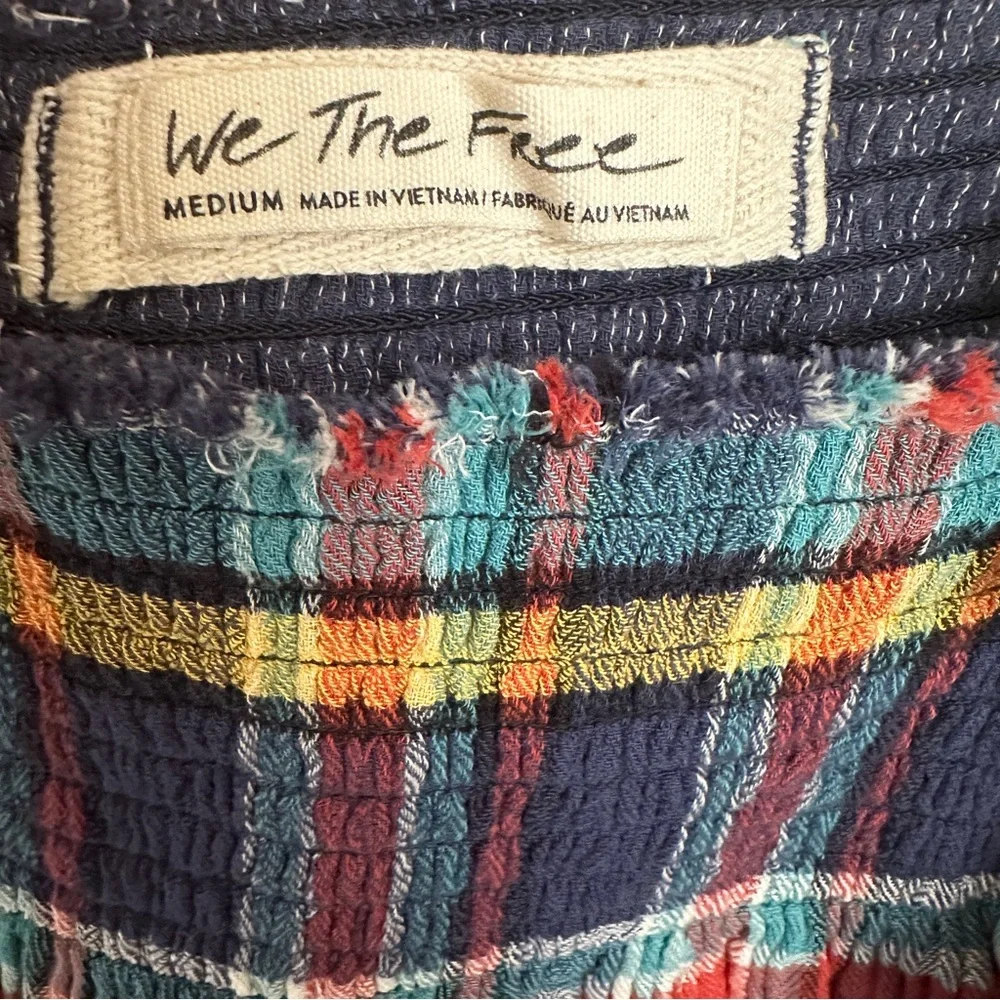 Free People Navy Sienna Plaid Long Sleeve Top‎ Sz Medium